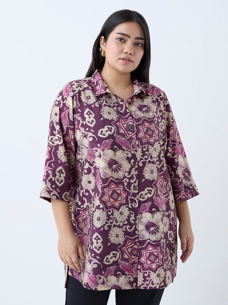 Westside Diza Women's Plum Floral Detailed Ethnic Tunic for Work Wear Front View