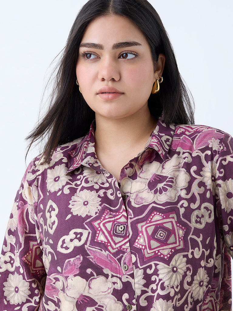 Westside Diza Women's Plum Floral Detailed Ethnic Tunic for Work Wear Zoomed View