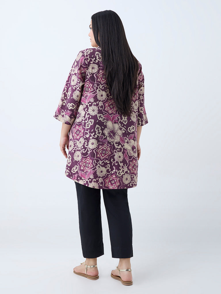 Westside Diza Women's Plum Floral Detailed Ethnic Tunic for Work Wear Back View