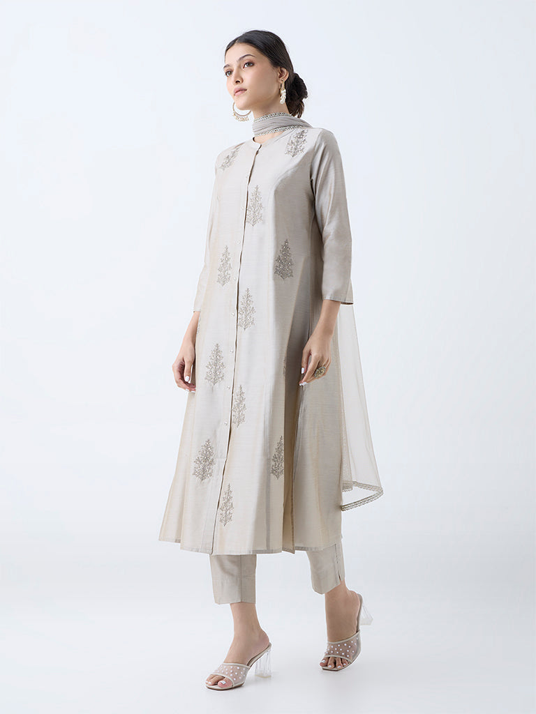 Westside Vark Women's Silver Embroidered A-Line Ethnic Set for Festive Wear Front View