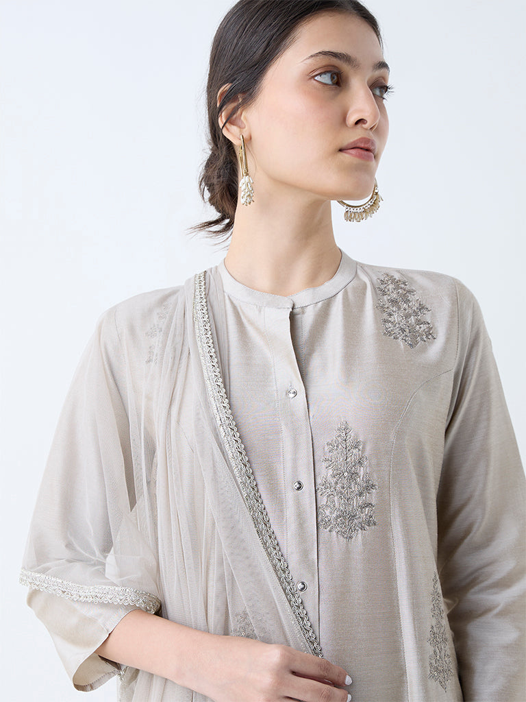 Westside Vark Women's Silver Embroidered A-Line Ethnic Set for Festive Wear Zoomed View