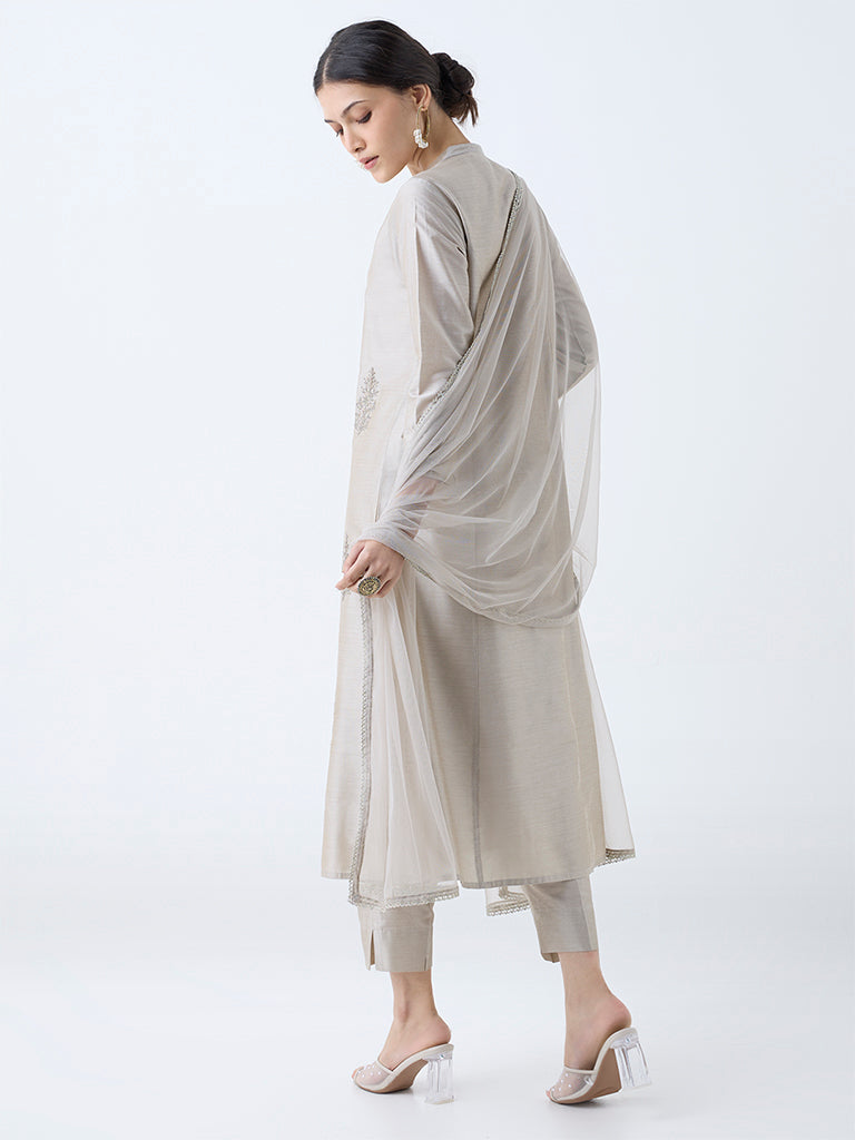 Westside Vark Women's Silver Embroidered A-Line Ethnic Set for Festive Wear Back View