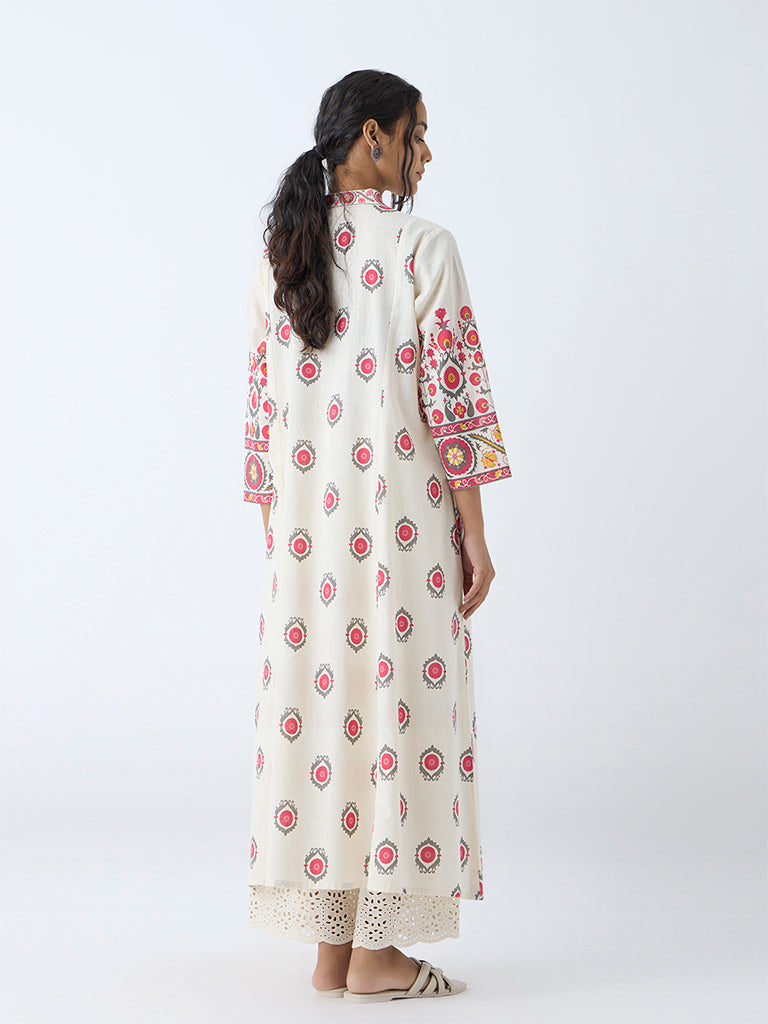Westside Utsa Women's Off-White Suzani Pattern A-Line Kurta for Work Wear Back View