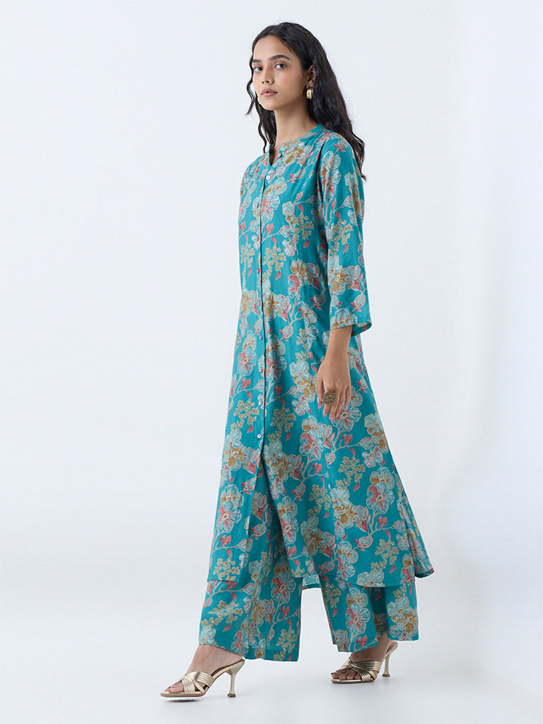 Utsa Teal Floral Detailed A-Line Kurta