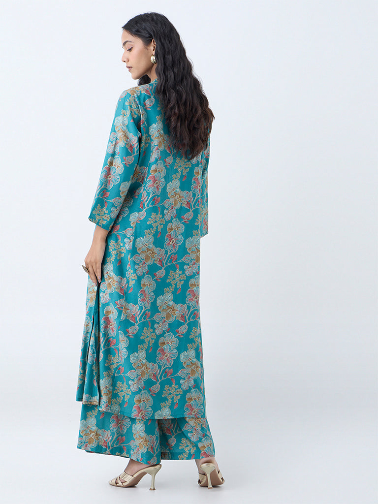 Utsa Teal Floral Detailed A-Line Kurta