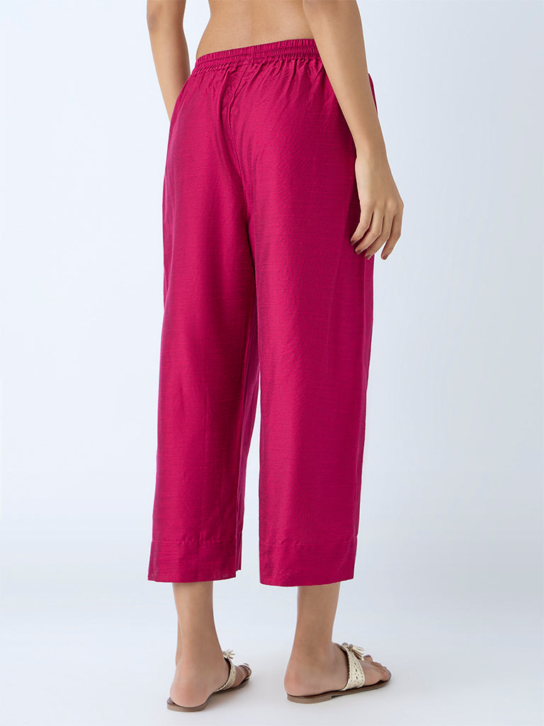 Westside Utsa Women's Fuchsia Solid Ethnic Pants for Everyday Back View