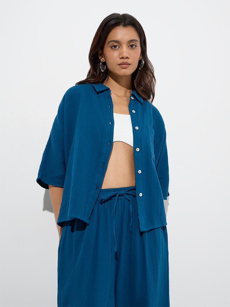 Westside Wunderlove Women's Blue Crinkle-Textured Cotton Beach Shirt for Beachwear Front View