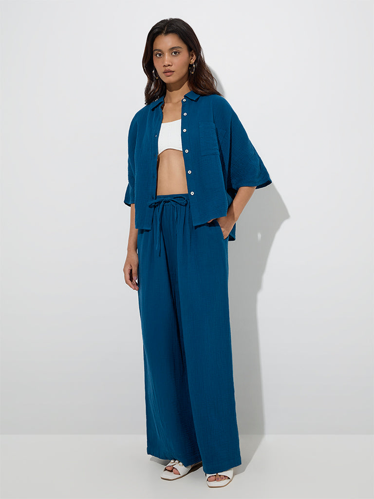 Westside Wunderlove Women's Blue Crinkle-Textured Cotton Beach Shirt for Beachwear Full Model View