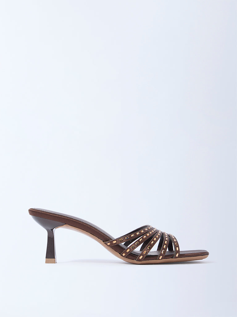 LUNA BLU Brown Embellished Kitten-Heel Sandals