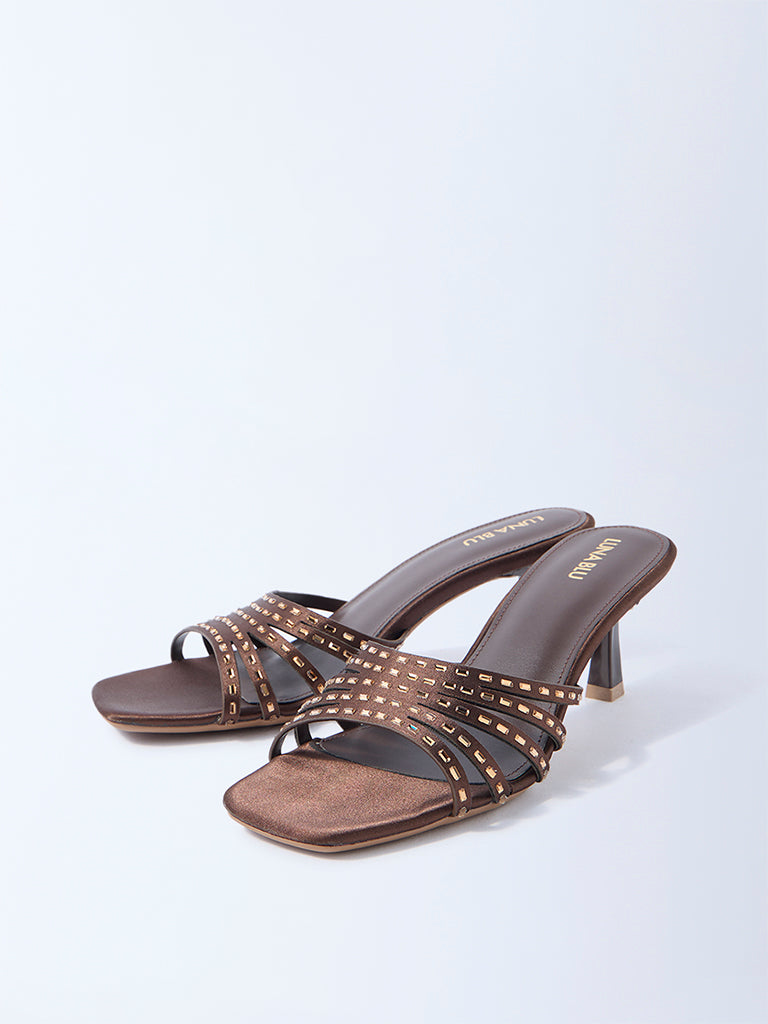 LUNA BLU Brown Embellished Kitten-Heel Sandals