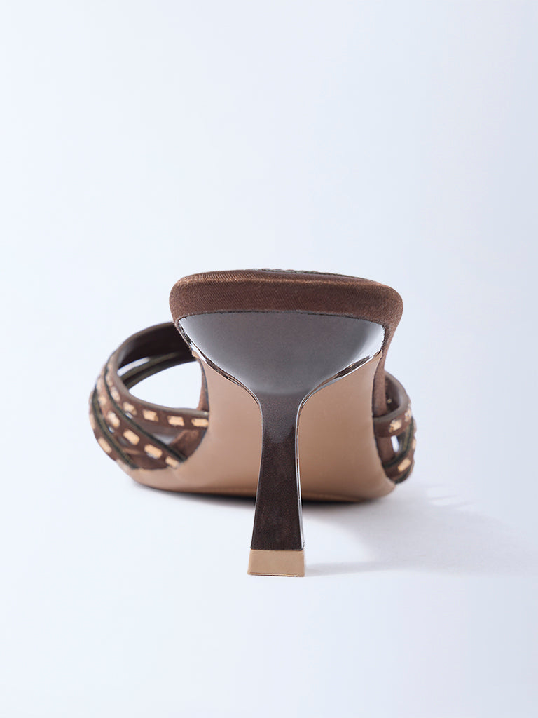 LUNA BLU Brown Embellished Kitten-Heel Sandals