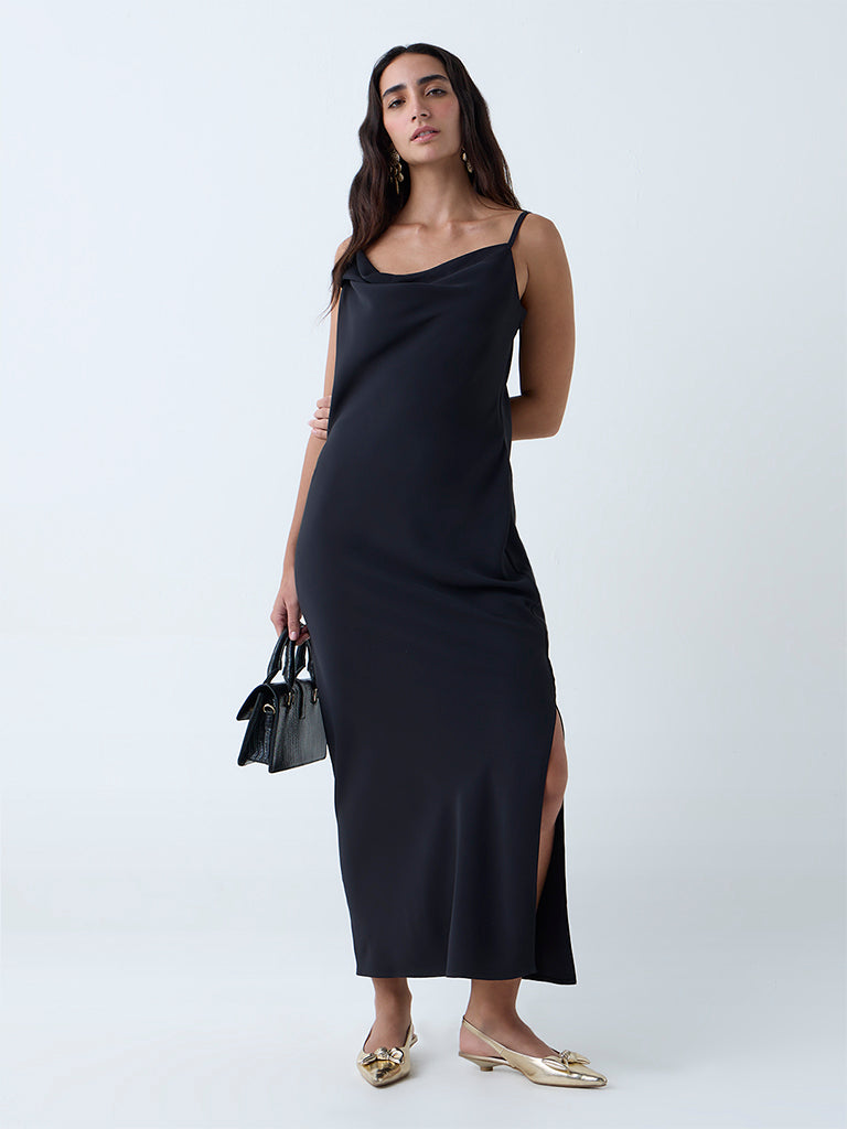 Westside Wardrobe Women's Black Solid Slip Dress for Work Wear Front View