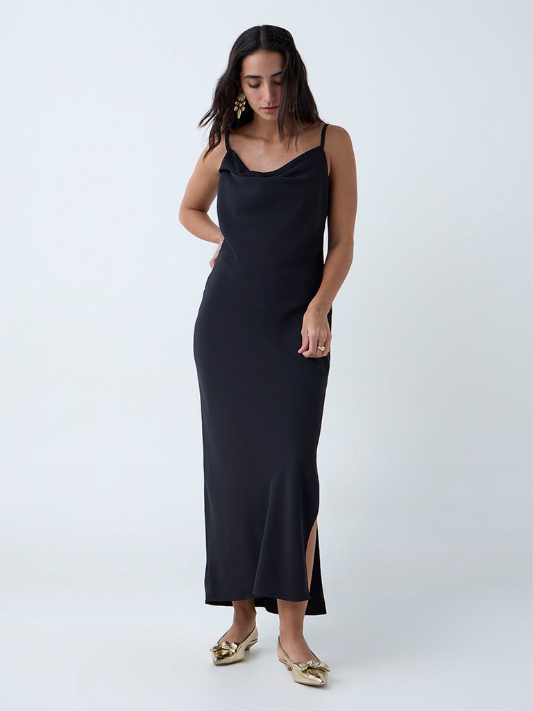Westside Wardrobe Women's Black Solid Slip Dress for Work Wear Full View