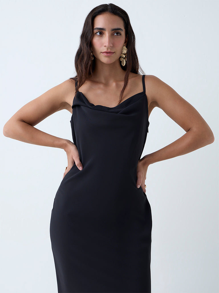 Westside Wardrobe Women's Black Solid Slip Dress for Work Wear Zoomed View