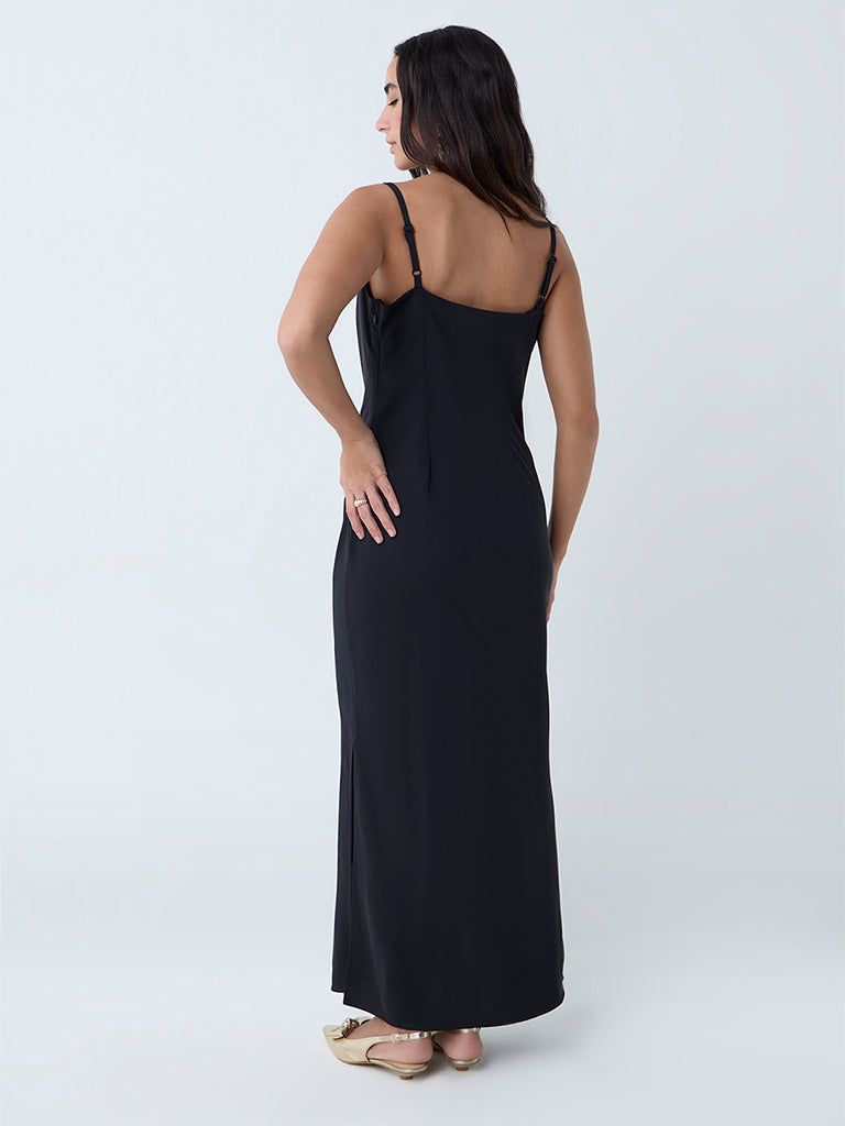 Westside Wardrobe Women's Black Solid Slip Dress for Work Wear Back View