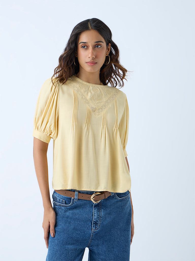 Westside LOV Women's Light Yellow Floral Embroidered Cotton Top for Casual Wear Full View