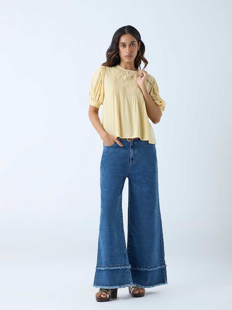 Westside LOV Women's Light Yellow Floral Embroidered Cotton Top for Casual Wear Front View