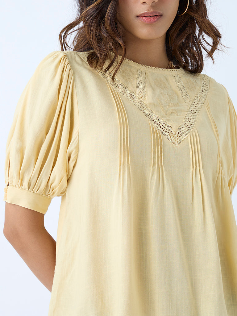 Westside LOV Women's Light Yellow Floral Embroidered Cotton Top for Casual Wear Zoomed View