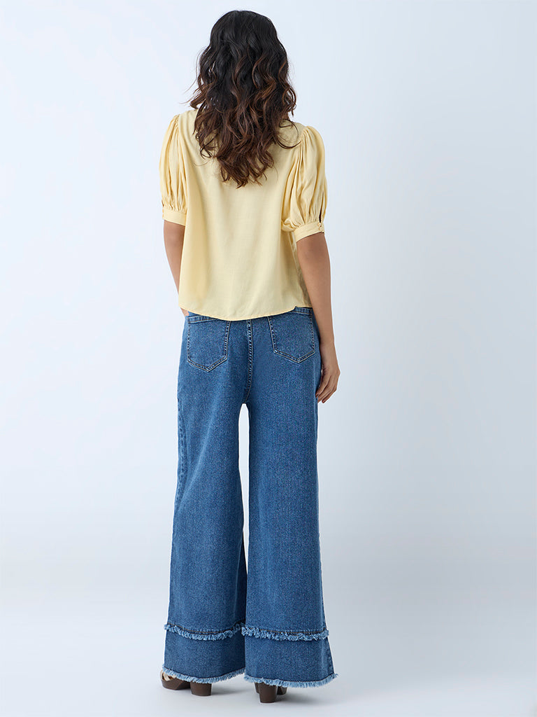 Westside LOV Women's Light Yellow Floral Embroidered Cotton Top for Casual Wear Back View