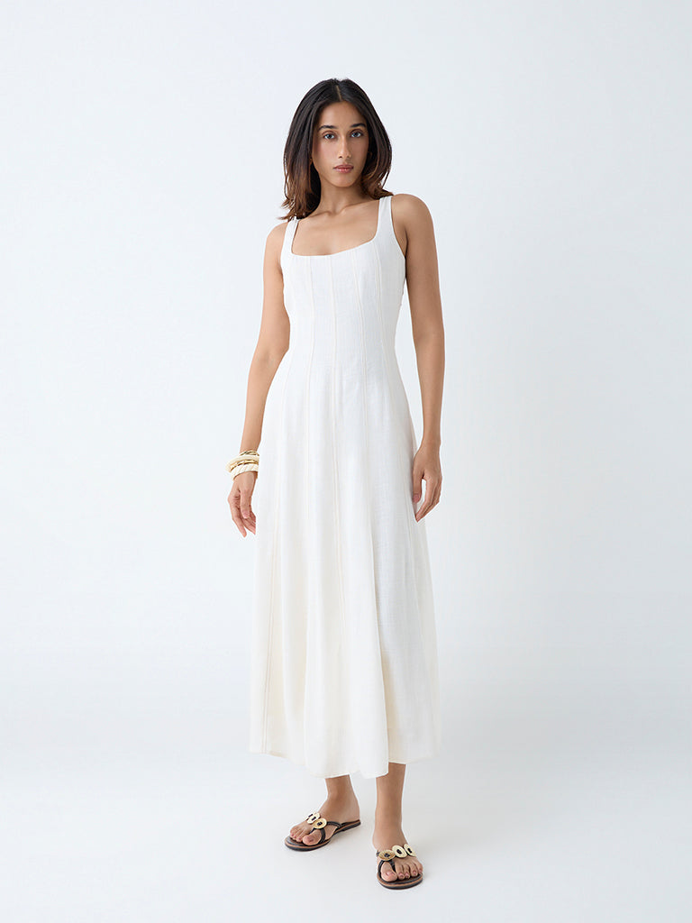 Westside LOV Women's Off-White Solid A-Line Dress for Casual Wear Front view
