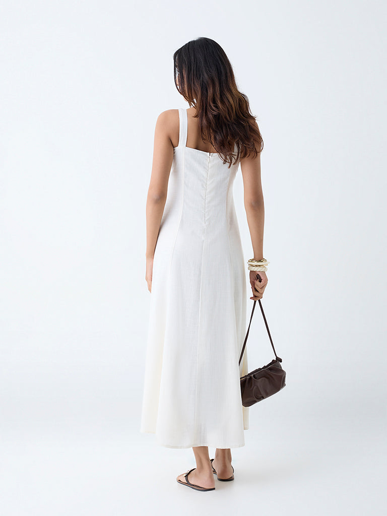 Westside LOV Women's Off-White Solid A-Line Dress for Casual Wear Back View