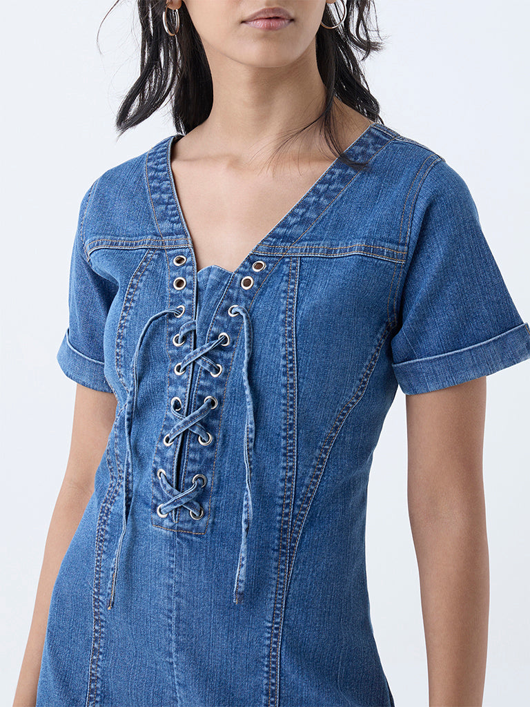 LOV Blue Criss-Cross Detailed Denim A-Line Dress