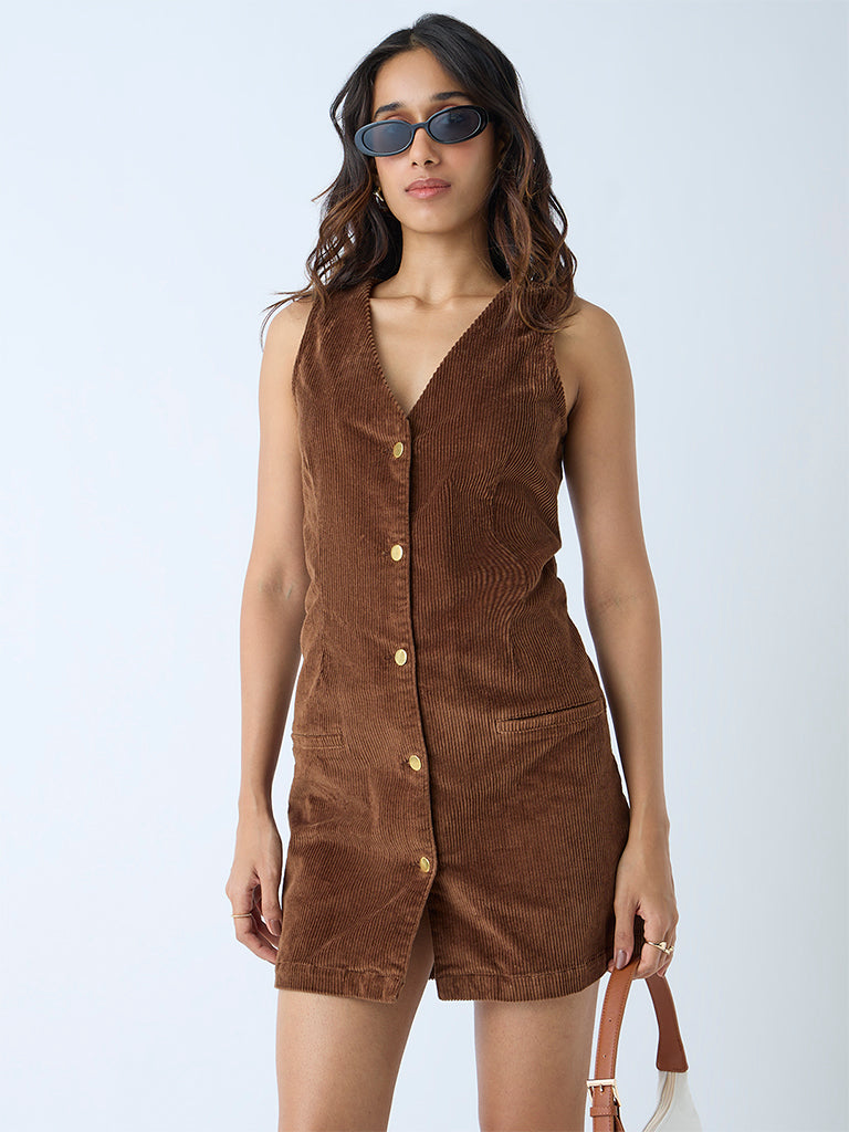 Westside LOV Women's Brown Corduroy Straight Dress with Belt for Casual Wear Front View
