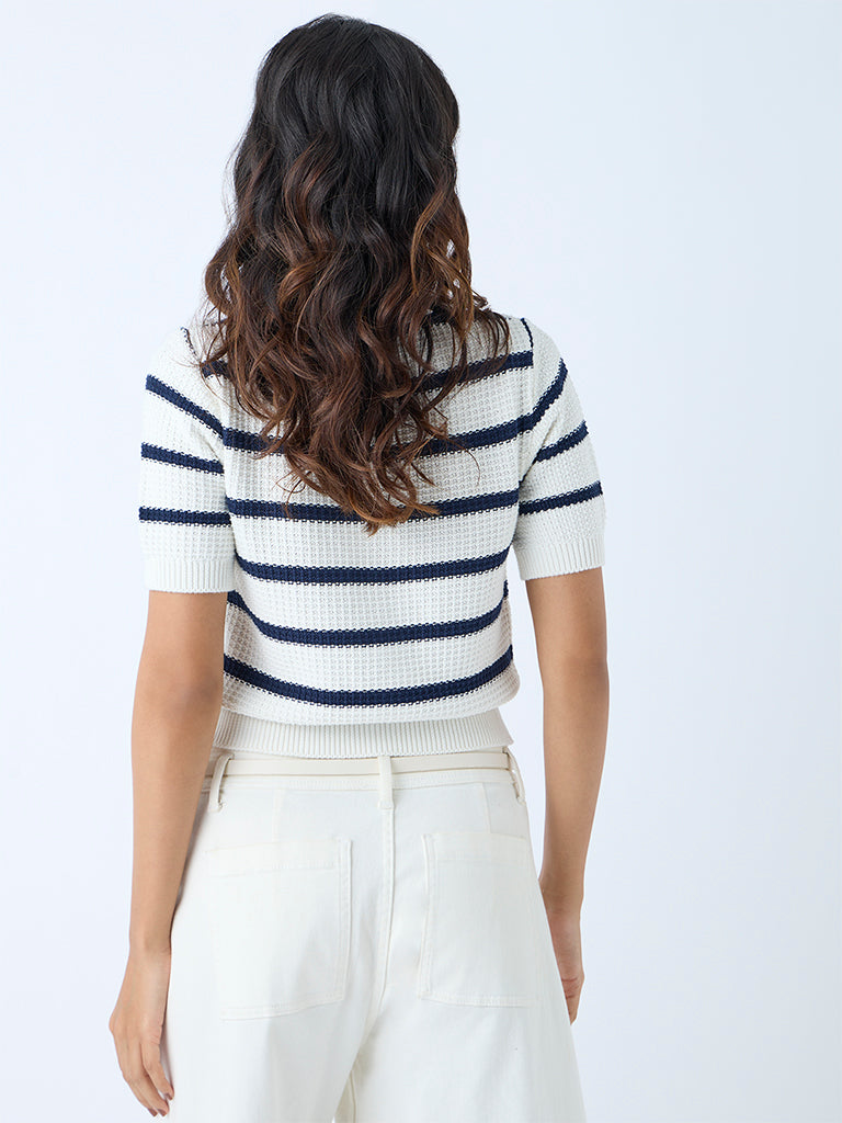 Westside LOV Women's White Striped Knit-Textured Cotton Cardigan for Winter Wear Back View