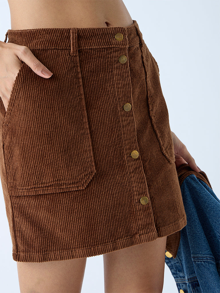 Westside LOV Women's Brown High-Rise Corduroy Skirt for Casual Wear Zoomed View