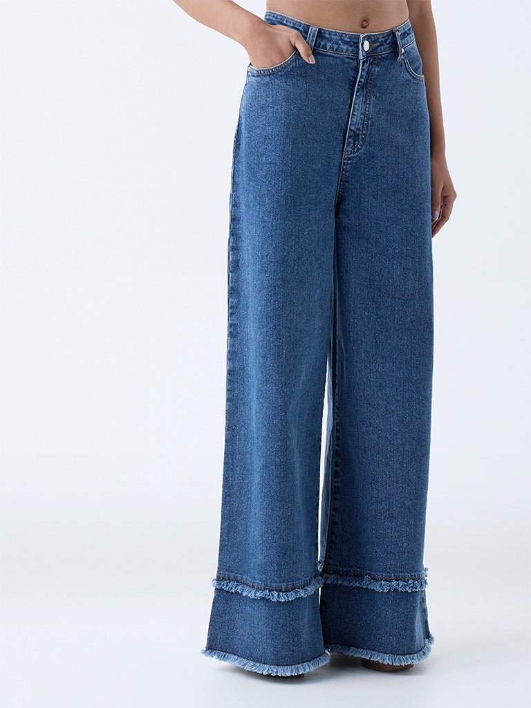 LOV Blue Fringe-Detailed Wide-Leg High-Rise Jeans