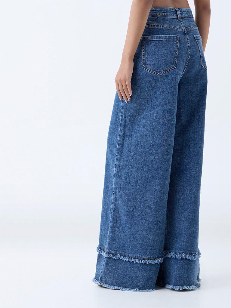 LOV Blue Fringe-Detailed Wide-Leg High-Rise Jeans