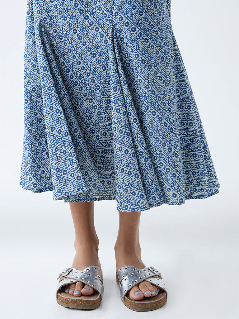 Westside Bombay Paisley Women's Blue Floral Detailed Cotton Skirt for Everyday Zoomed View