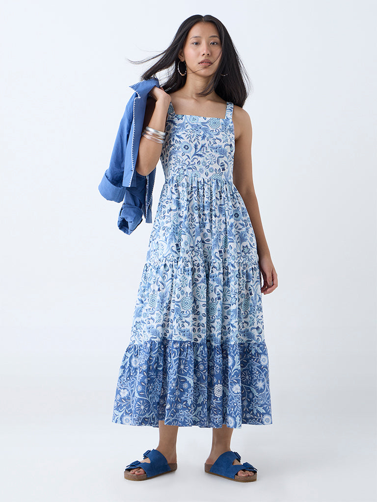 Buy Bombay Paisley Blue Floral Cotton Tiered Dress with