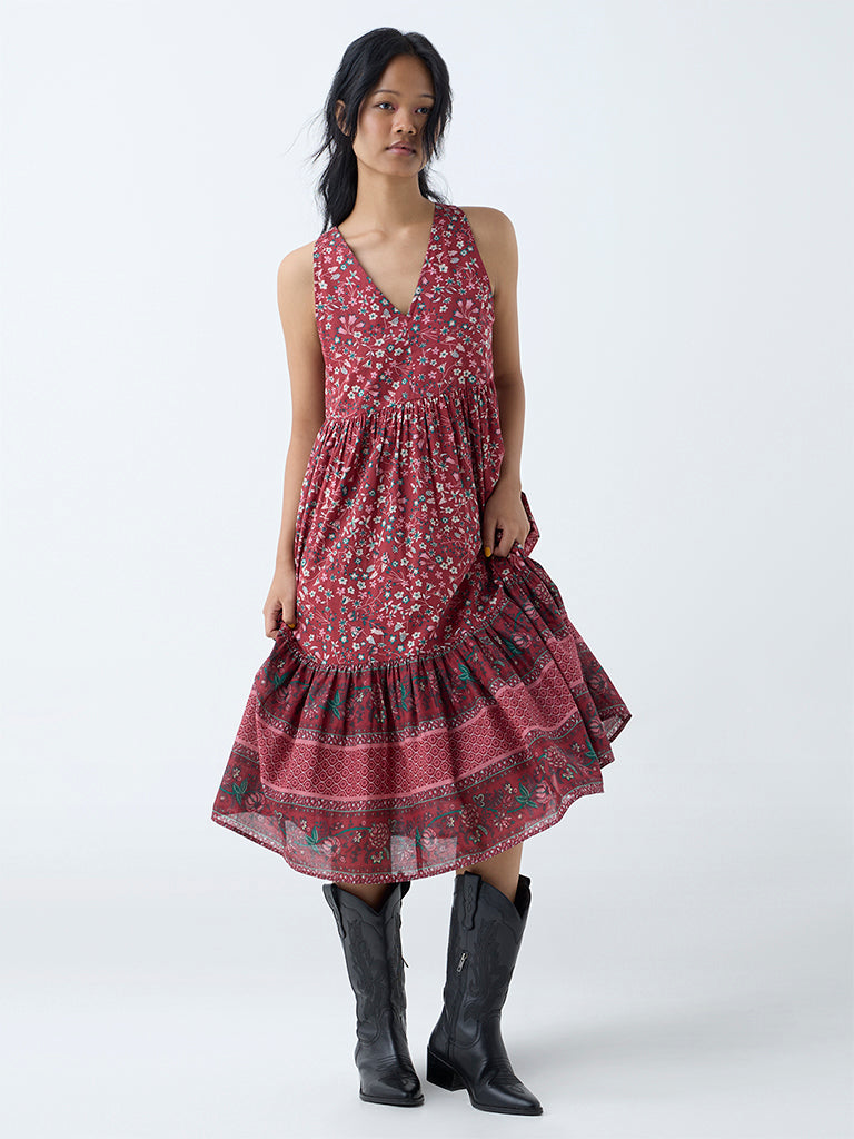 Westside Bombay Paisley Women's Maroon Floral Pattern Cotton Tiered Dress for Everyday Full View