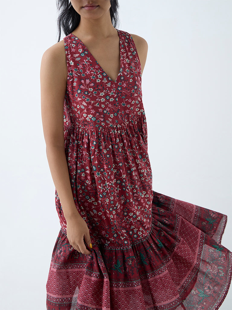 Westside Bombay Paisley Women's Maroon Floral Pattern Cotton Tiered Dress for Everyday Zoomed View