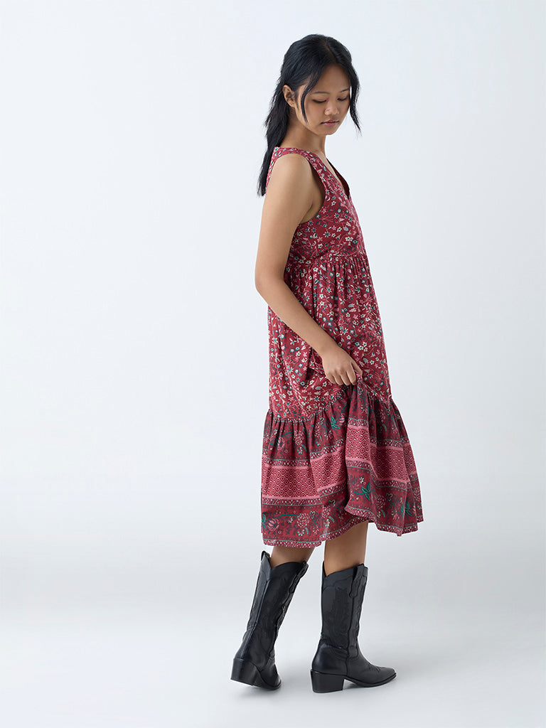 Westside Bombay Paisley Women's Maroon Floral Pattern Cotton Tiered Dress for Everyday Back View