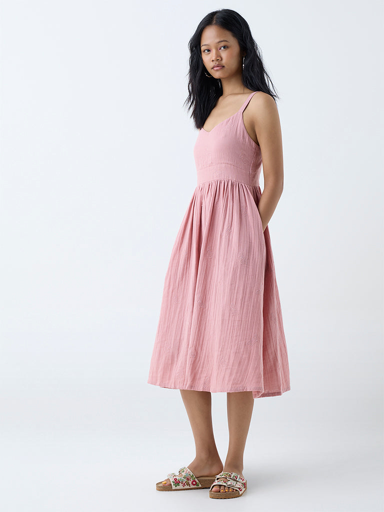 Westside Bombay Paisley Women's Dusty Pink Self-Textured Cotton A-Line Dress for Everyday Full View