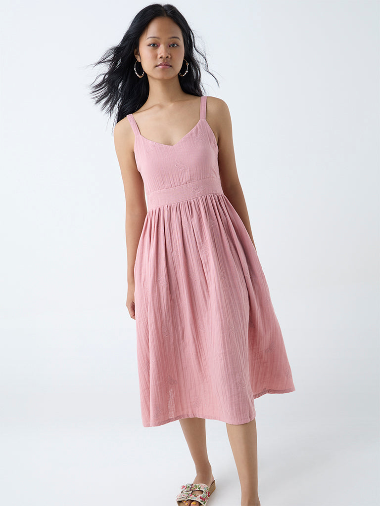 Westside Bombay Paisley Women's Dusty Pink Self-Textured Cotton A-Line Dress for Everyday Front View