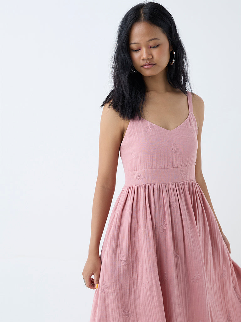 Westside Bombay Paisley Women's Dusty Pink Self-Textured Cotton A-Line Dress for Everyday Zoomed View