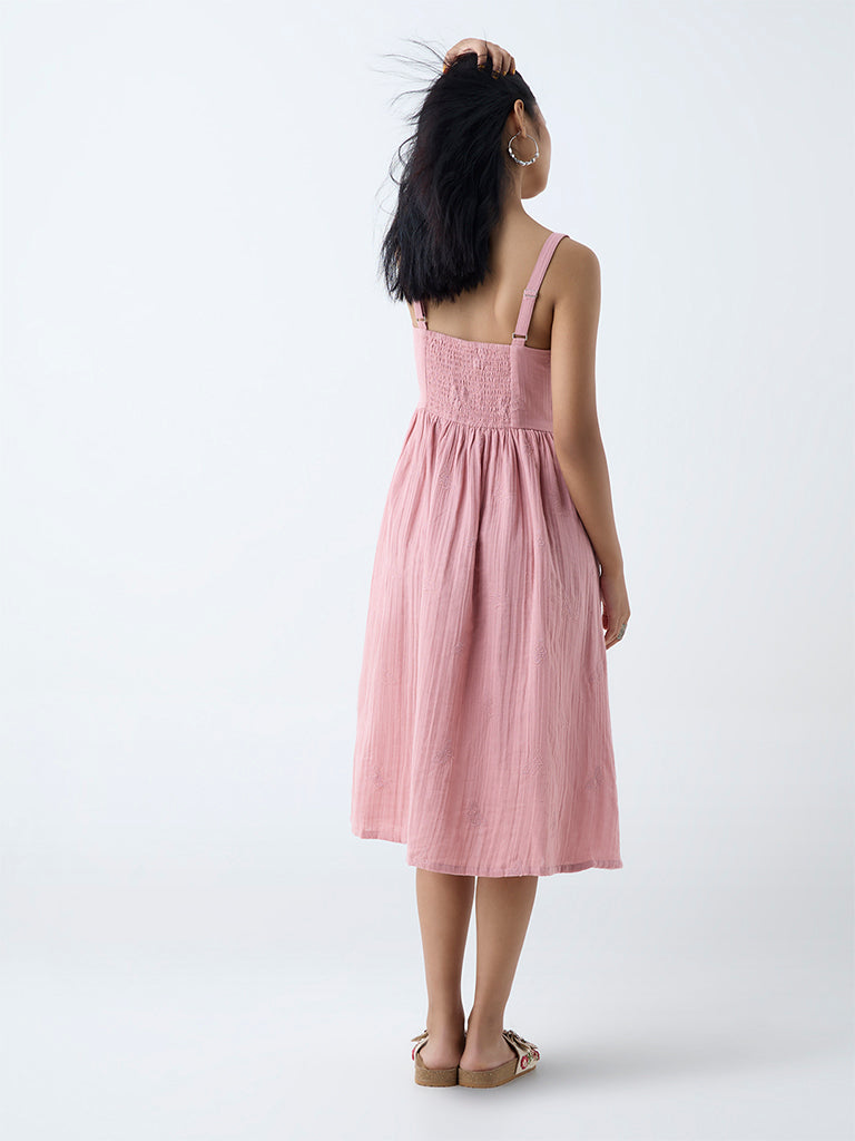 Westside Bombay Paisley Women's Dusty Pink Self-Textured Cotton A-Line Dress for Everyday Back View