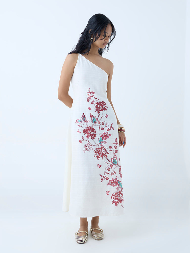 Westside Bombay Paisley Women's Off-White Floral Cotton One-Shoulder Dress for Everyday Full View