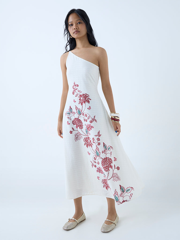 Westside Bombay Paisley Women's Off-White Floral Cotton One-Shoulder Dress for Everyday Front View