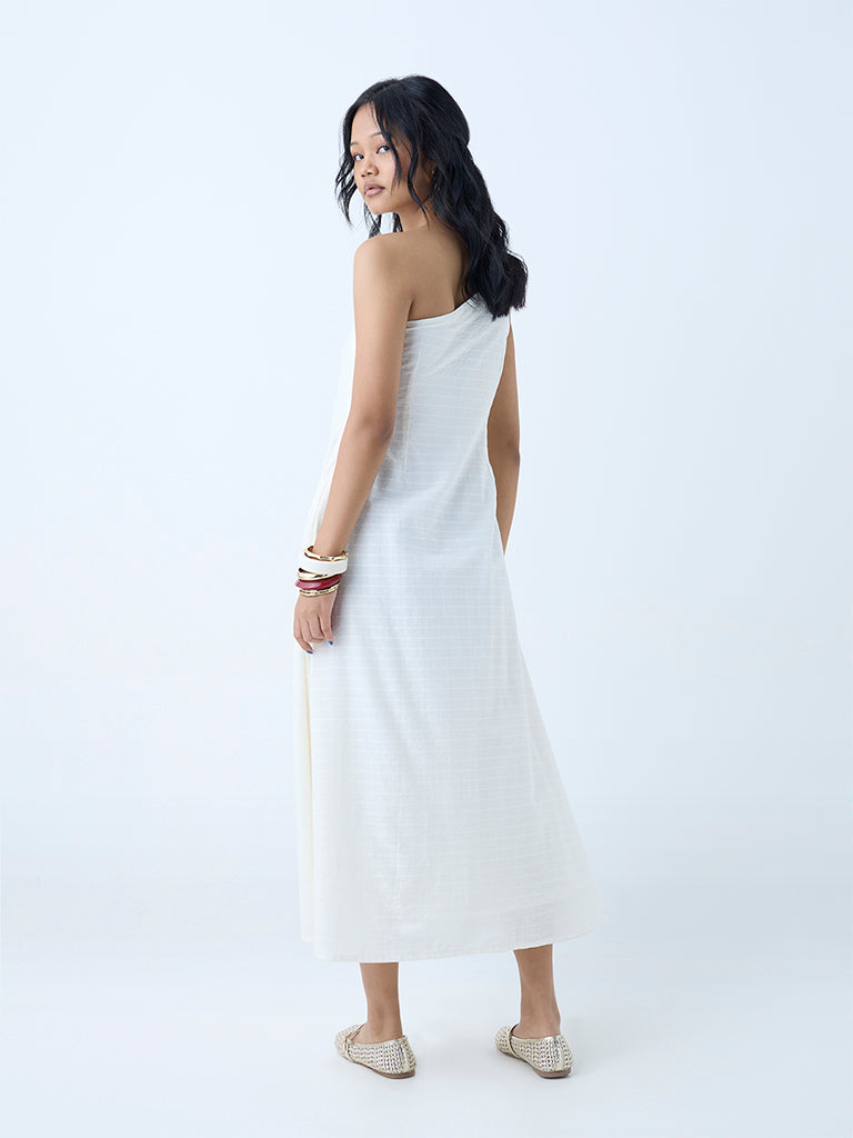 Westside Bombay Paisley Women's Off-White Floral Cotton One-Shoulder Dress for Everyday Back View