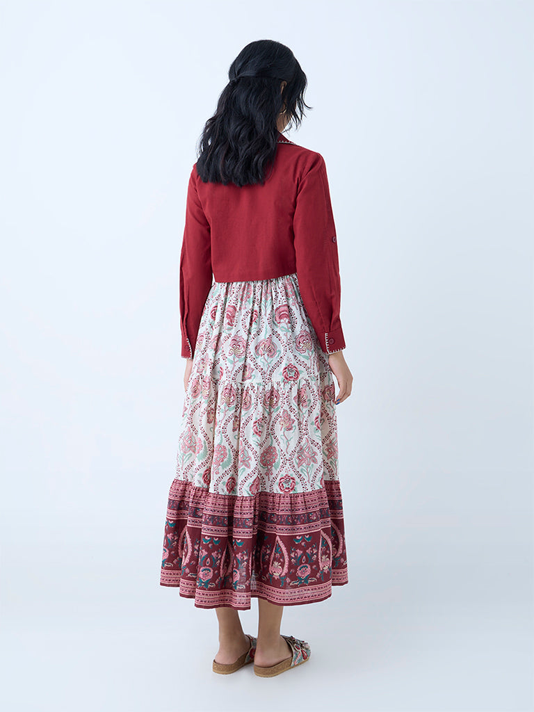Westside Bombay Paisley Women's Red Floral Cotton Tiered Dress with Jacket for Everyday Back View