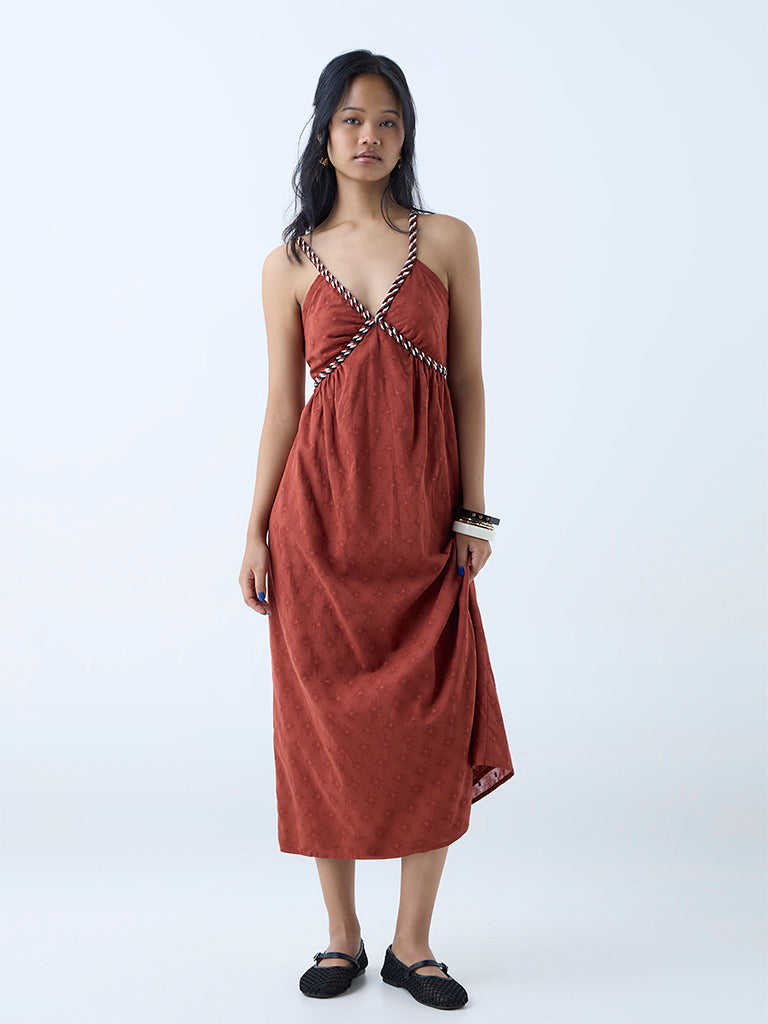 Bombay Paisley Brown Embroidered Cotton A-Line Dress