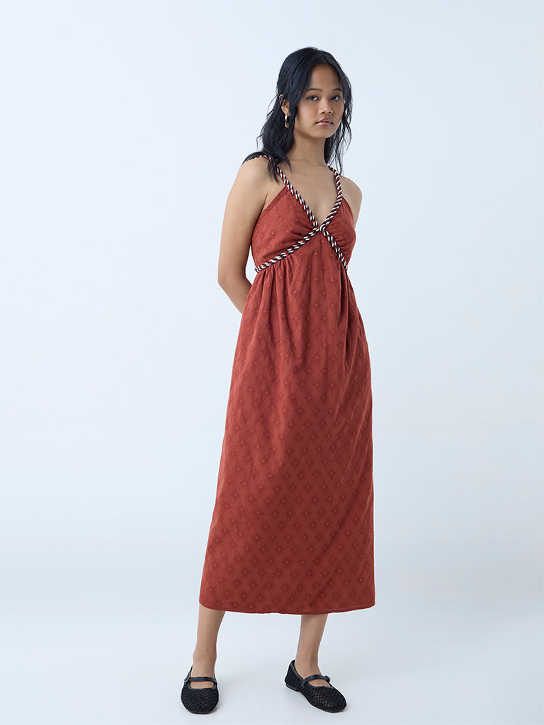 Bombay Paisley Brown Embroidered Cotton A-Line Dress