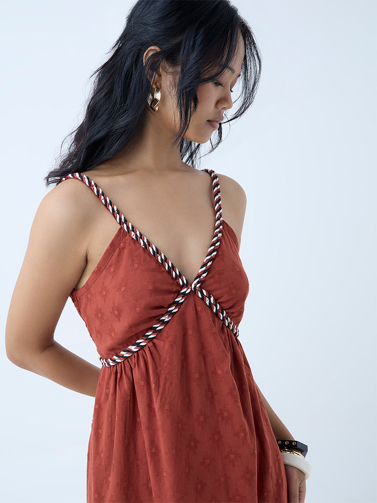 Bombay Paisley Brown Embroidered Cotton A-Line Dress