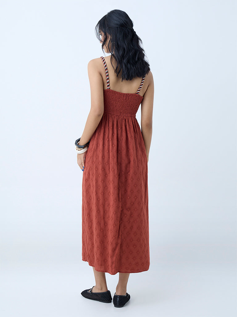 Bombay Paisley Brown Embroidered Cotton A-Line Dress