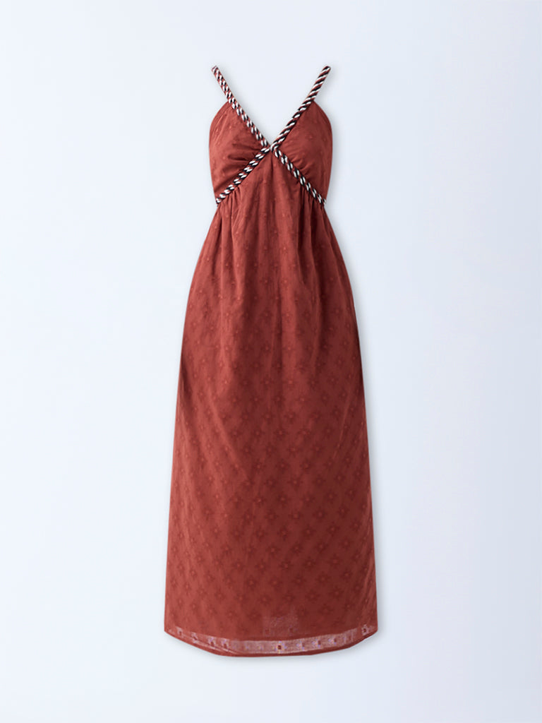 Bombay Paisley Brown Embroidered Cotton A-Line Dress