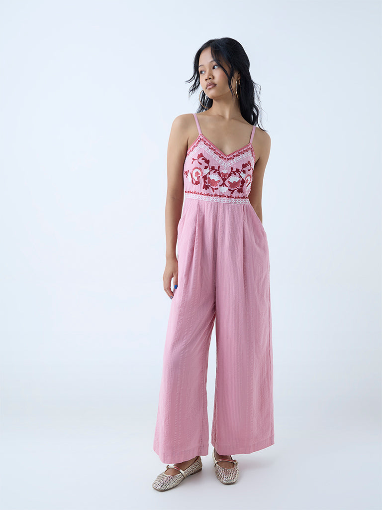 Buy Bombay Paisley Pink Floral Embroidered Cotton Jumpsuit from
